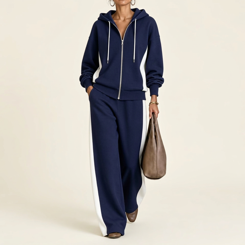 Women's Color-Block Zip Hoodie & Wide-Leg Pants Set
