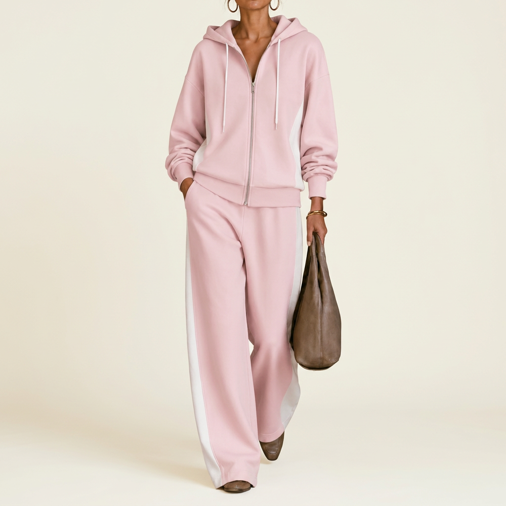 Women's Color-Block Zip Hoodie & Wide-Leg Pants Set