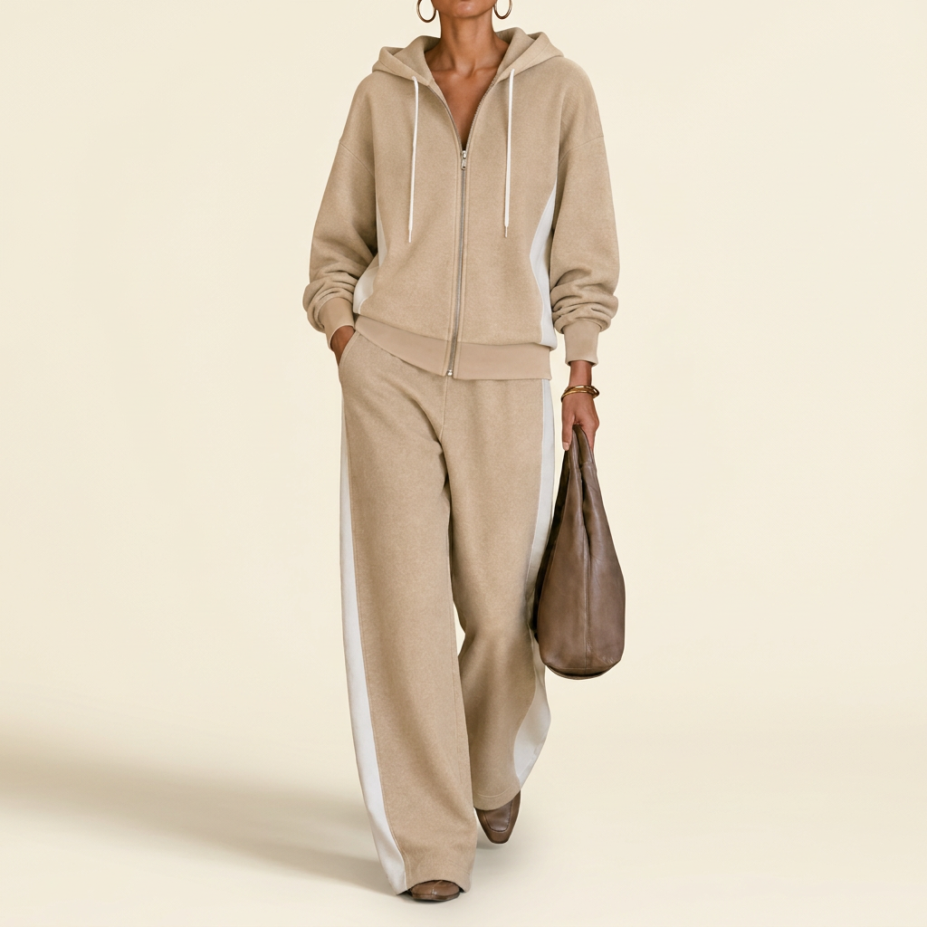 Women's Color-Block Zip Hoodie & Wide-Leg Pants Set