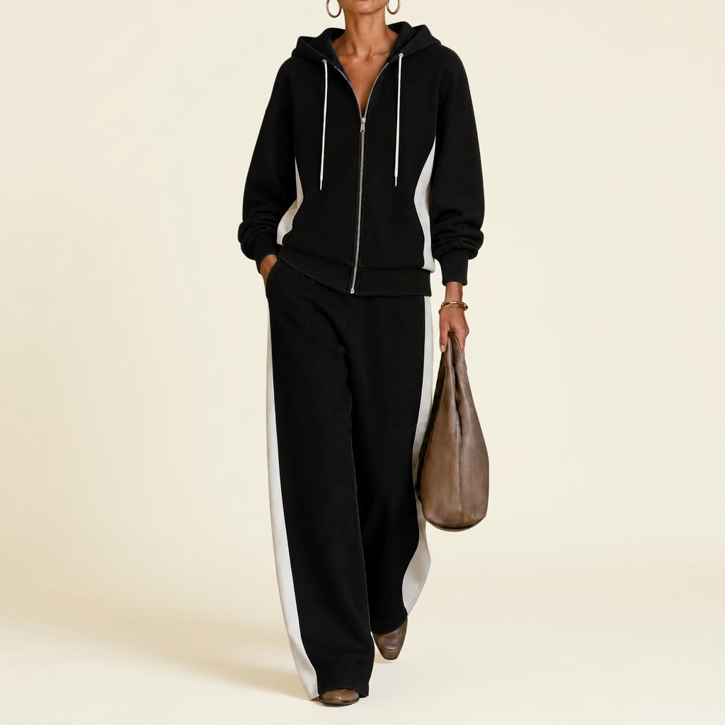 Women's Color-Block Zip Hoodie & Wide-Leg Pants Set
