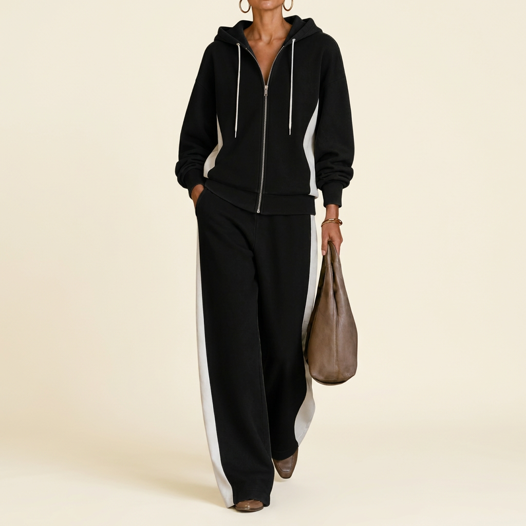 Women's Color-Block Zip Hoodie & Wide-Leg Pants Set