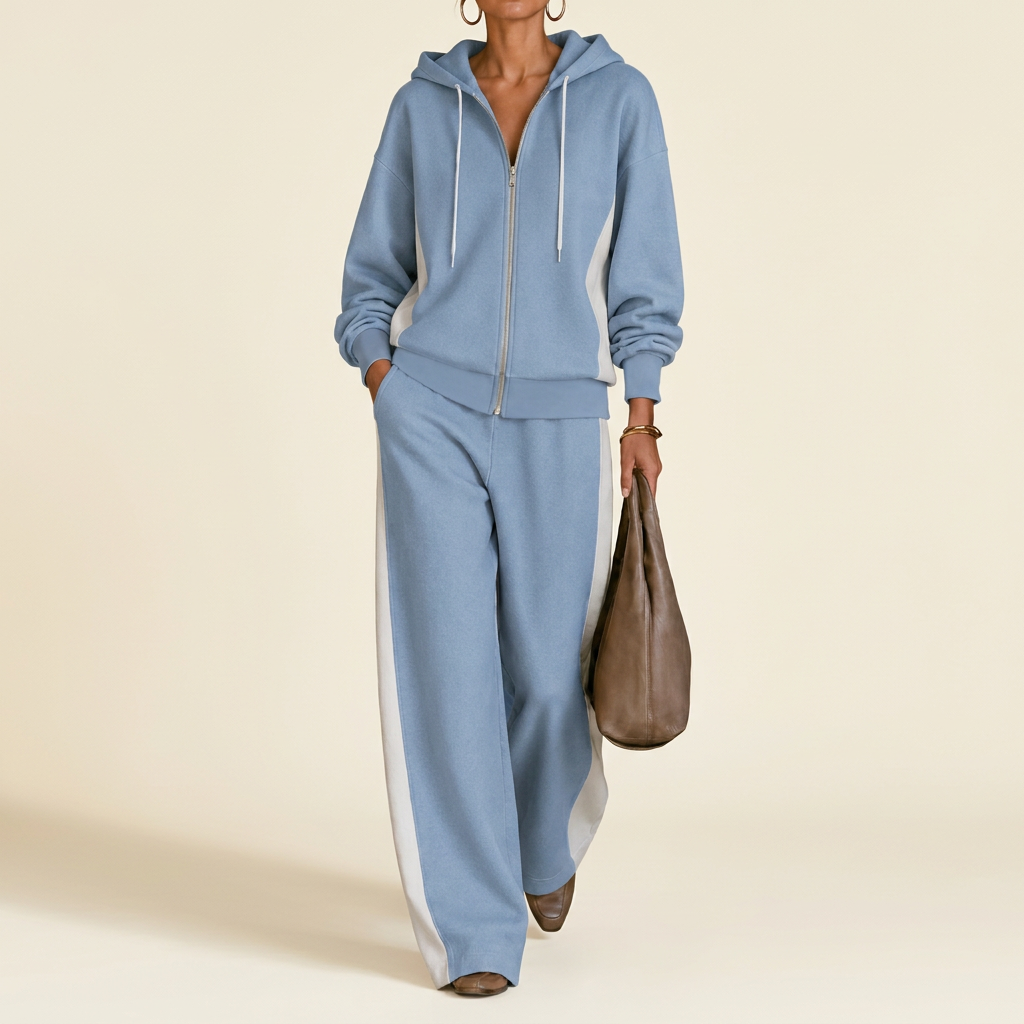 Women's Color-Block Zip Hoodie & Wide-Leg Pants Set