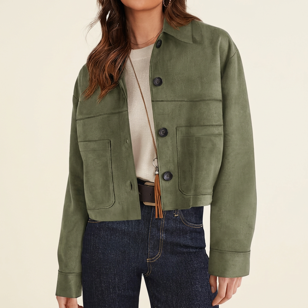 Women's Collared Button-Front Cropped Jacket