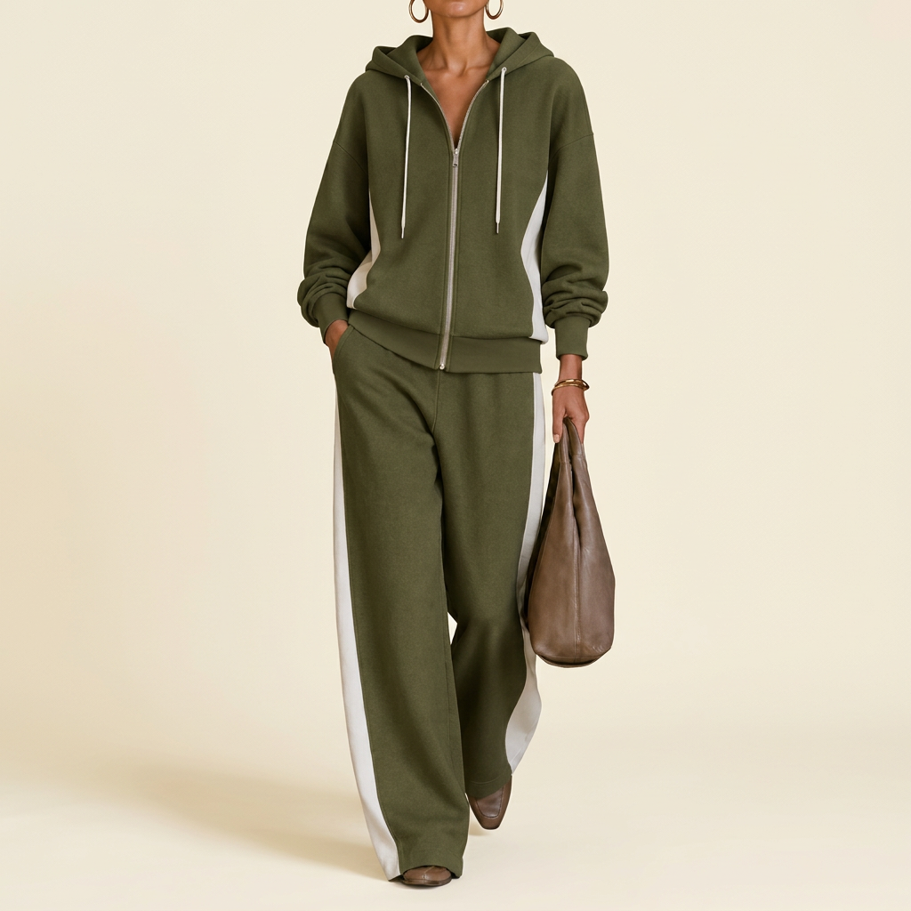 Women's Color-Block Zip Hoodie & Wide-Leg Pants Set