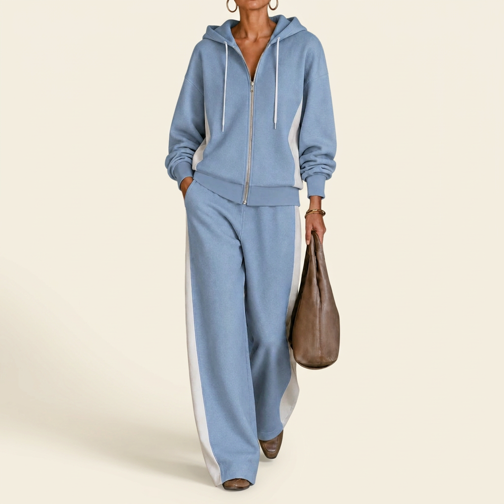 Women's Color-Block Zip Hoodie & Wide-Leg Pants Set